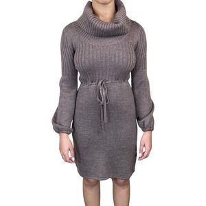 Calvin Klein Cowl Neck Tie Waist Ribbed Knit Sweater Dress Mauve Taupe Medium